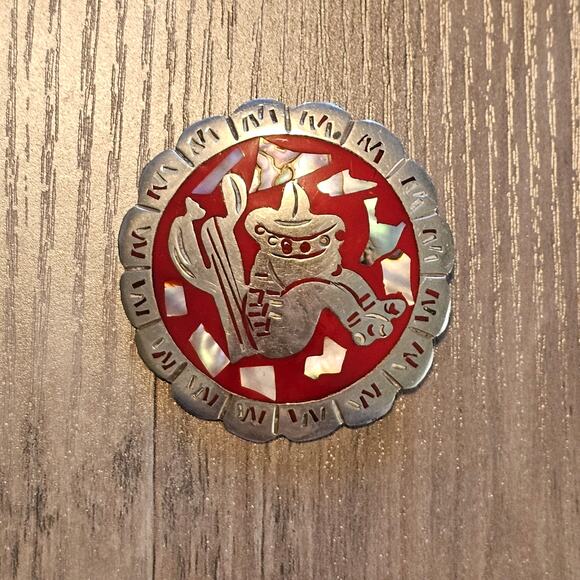 Vintage Alpaca Silver & Abalone Siesta Scene Scalloped Brooch - Picture 6 of 6